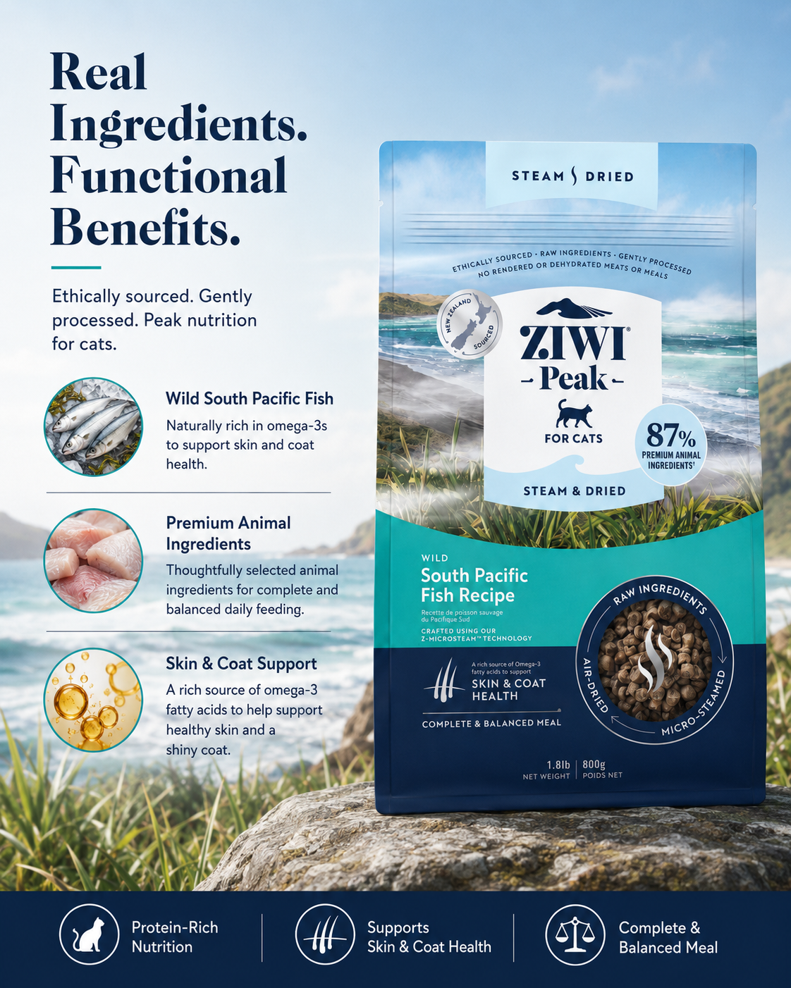 Ziwi Peak South Pacific Fish Recipe dry cat food with real ingredients for skin and coat health support