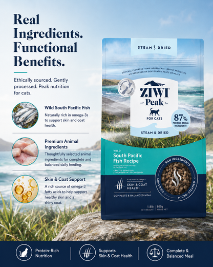 Ziwi Peak South Pacific Fish Recipe dry cat food with real ingredients for skin and coat health support