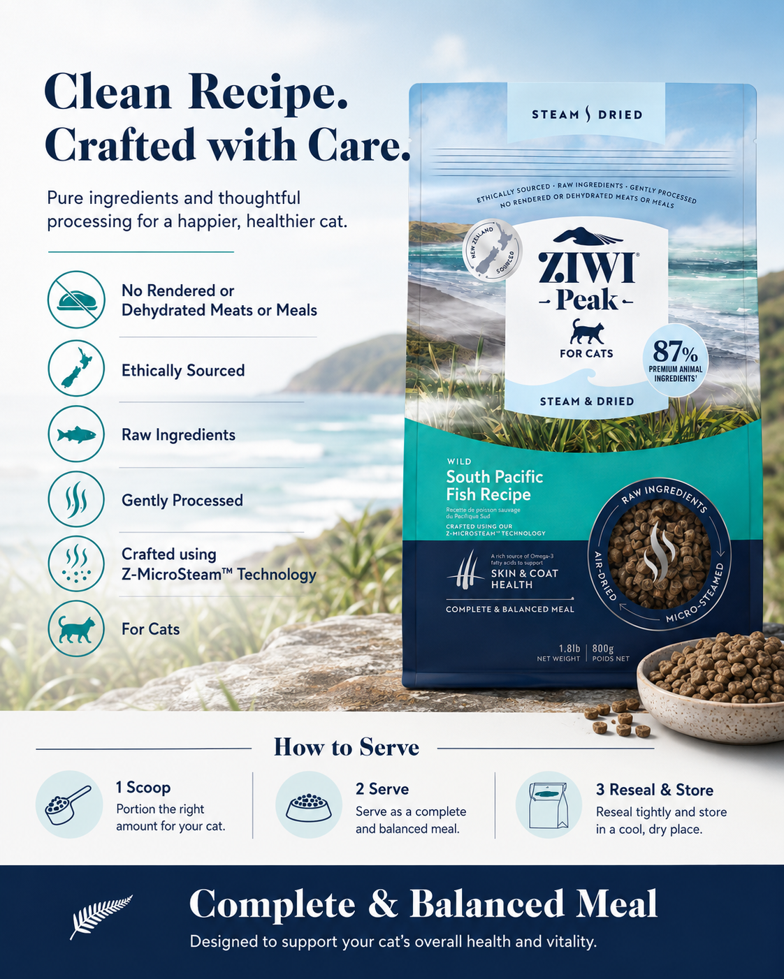 Ziwi Peak Steam and Dried South Pacific Fish Recipe clean recipe cat food with raw ingredients and no rendered meats