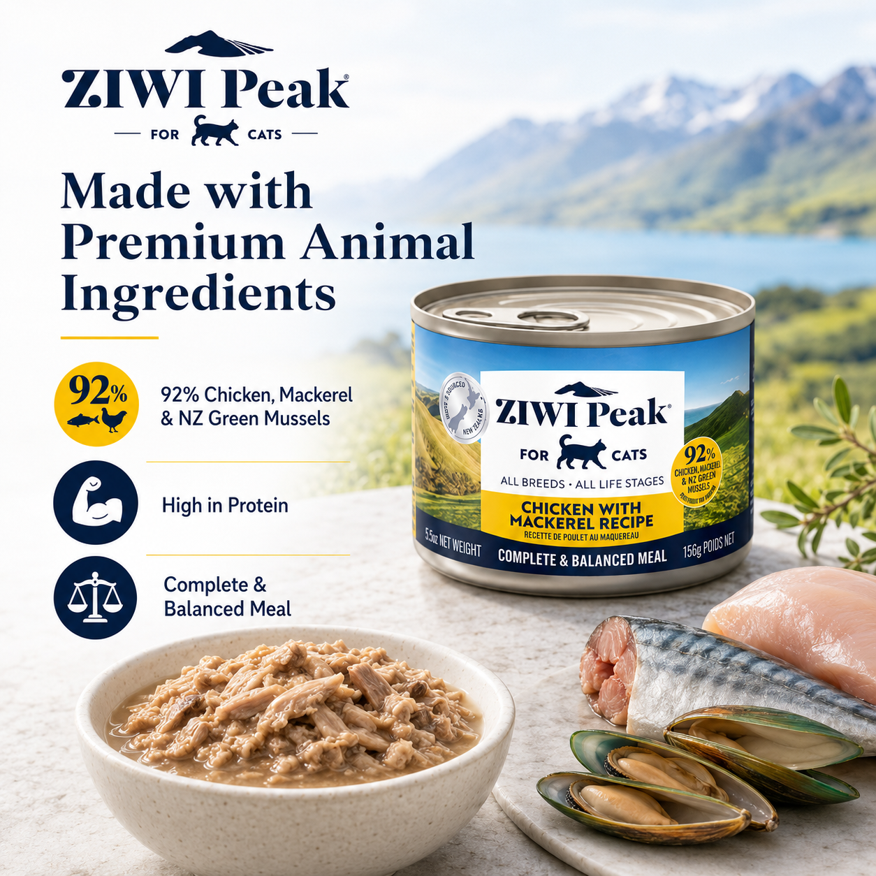 Ziwi Peak Chicken with Mackerel Recipe wet cat food made with chicken, mackerel and green mussels