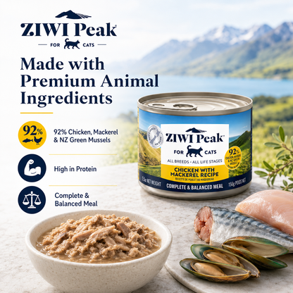 Ziwi Peak Chicken with Mackerel Recipe wet cat food made with chicken, mackerel and green mussels