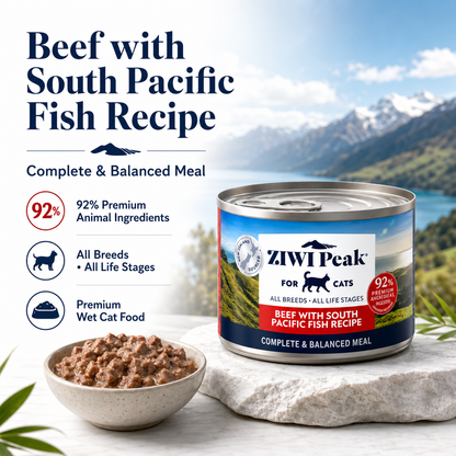 Ziwi Peak Beef with South Pacific Fish Recipe premium wet cat food for cats with 92% animal ingredients