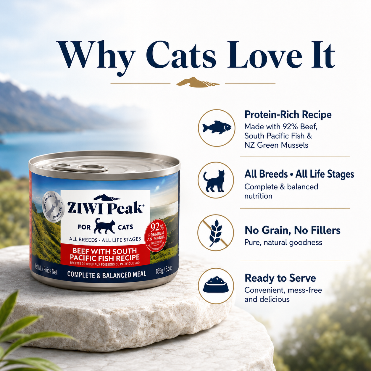 Ziwi Peak Beef with South Pacific Fish Recipe grain free canned cat food for all breeds and life stages