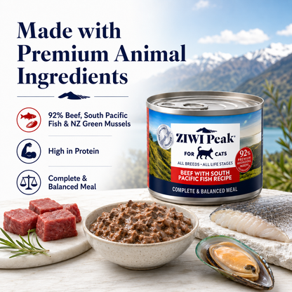 Ziwi Peak Beef with South Pacific Fish Recipe cat food made with beef, fish and green mussels