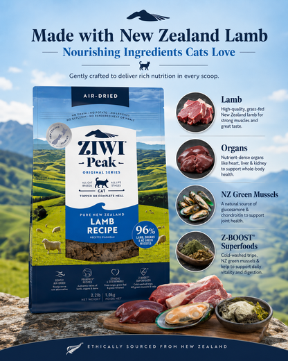 Ziwi Peak Lamb Recipe cat food made with New Zealand lamb, organs, green mussels and Z-Boost superfoods