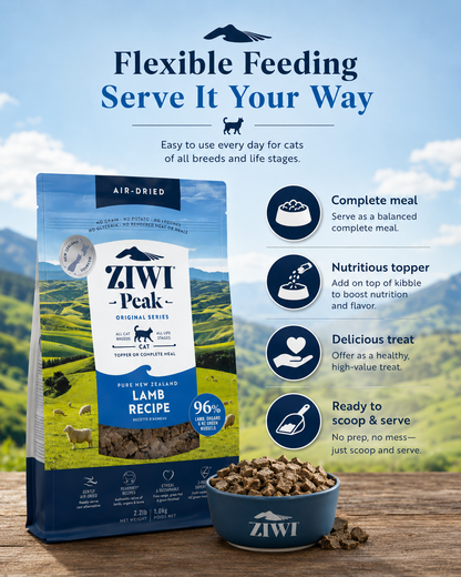 Ziwi Peak Air Dried Lamb Recipe cat food served as a complete meal, topper or treat