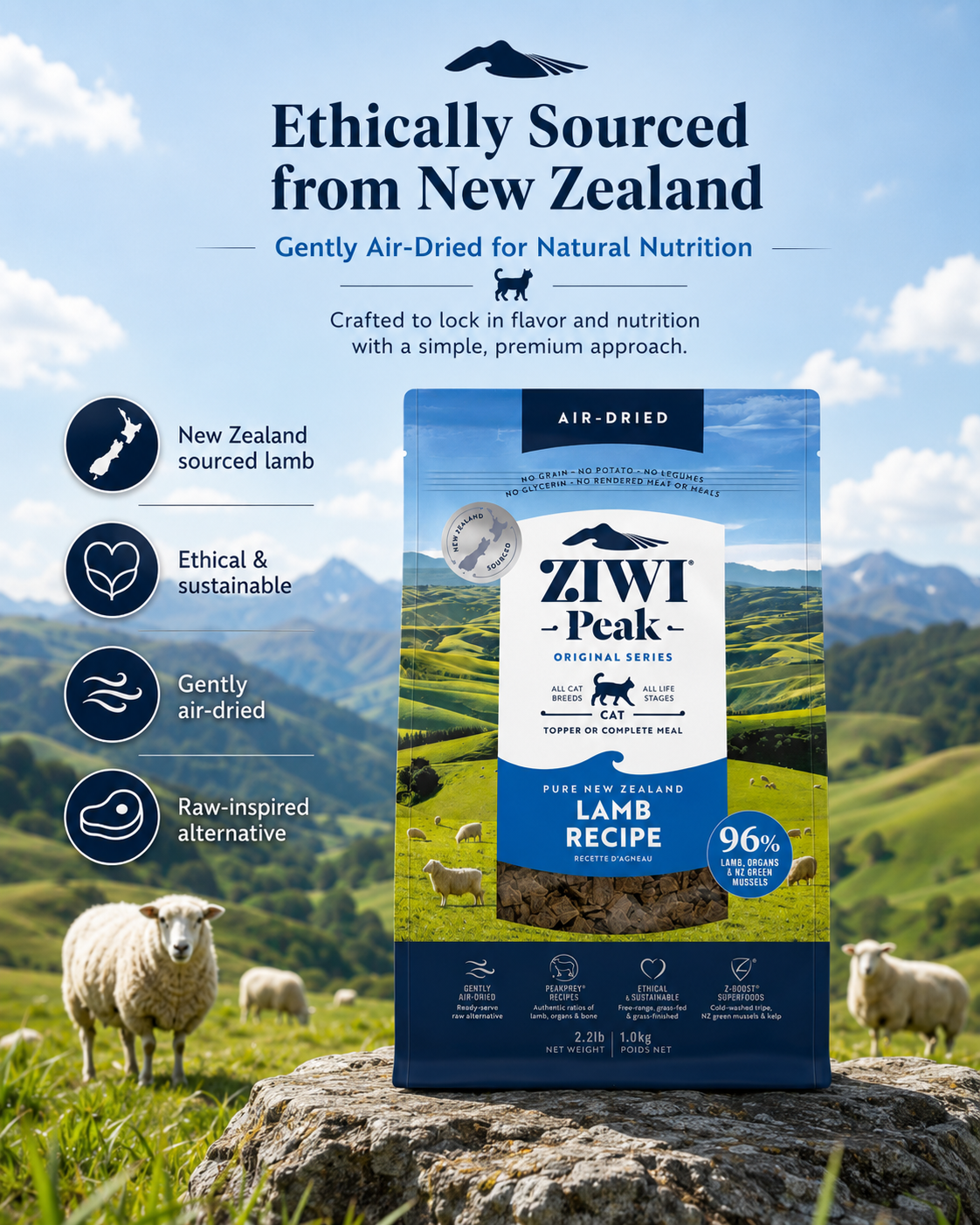 Ziwi Peak Lamb Recipe air dried cat food ethically sourced from New Zealand with gently air dried nutrition