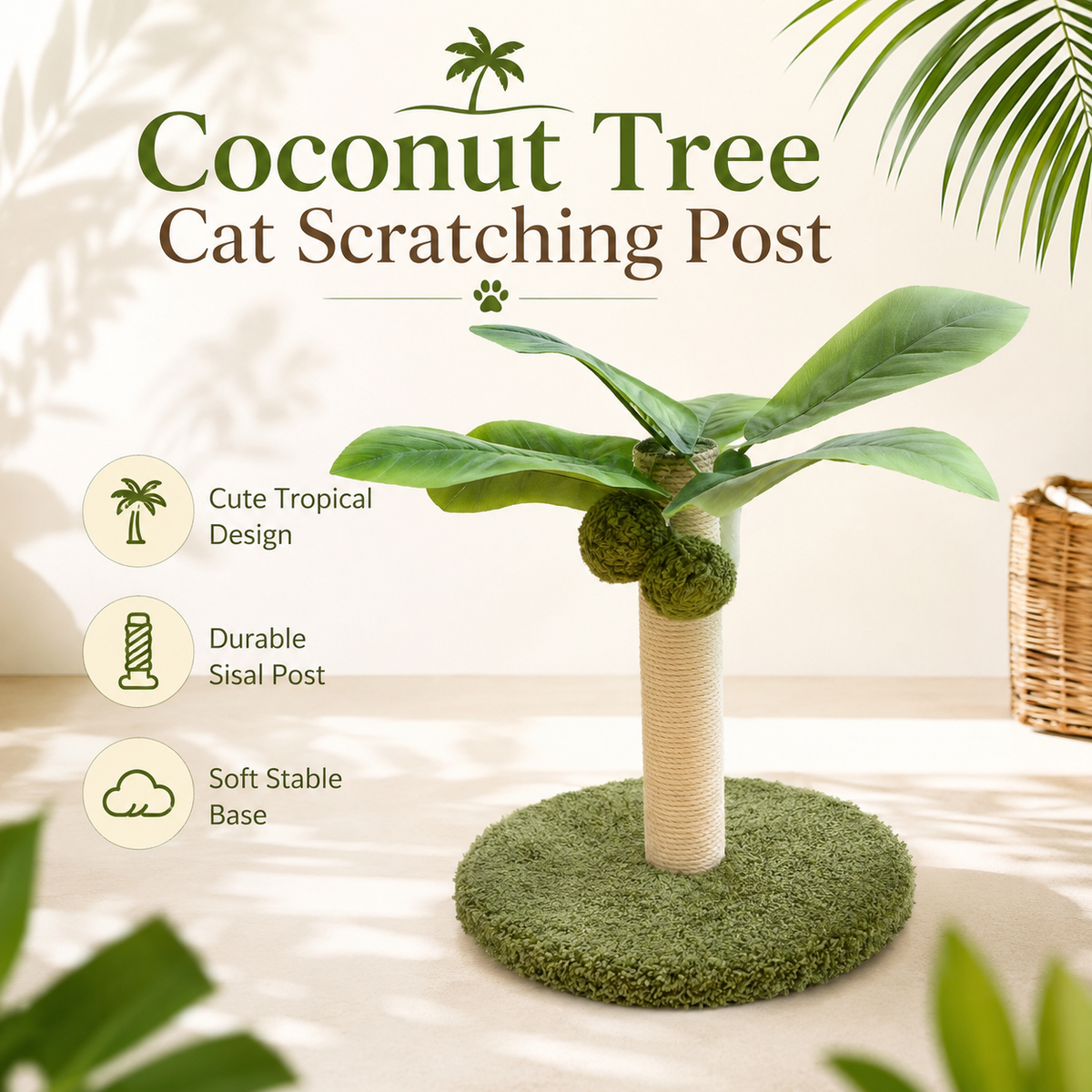 Coconut tree cat scratching post with sisal pole and soft green base for indoor cats