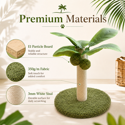Coconut tree cat scratcher made with E1 particle board, soft fabric and 3mm white sisal