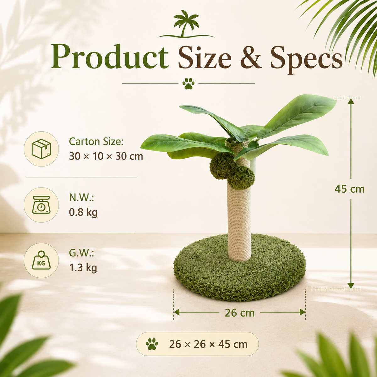 Compact coconut tree cat scratching post 26 x 26 x 45 cm for kittens and small indoor cats