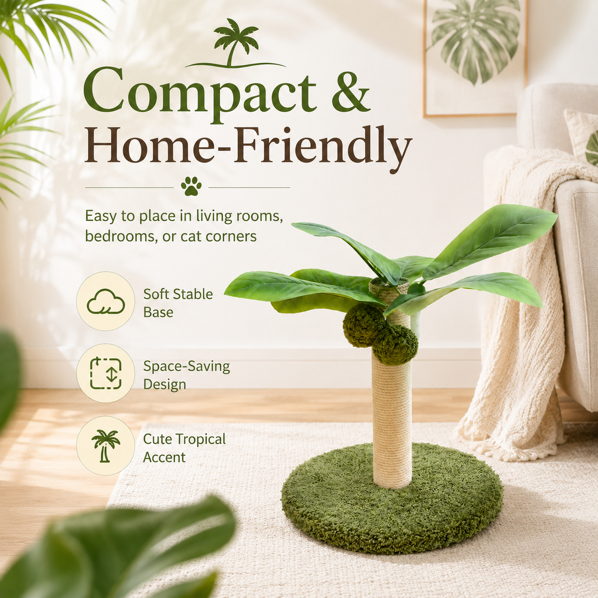 Compact palm tree cat scratcher with stable base for living rooms, bedrooms and cat corners