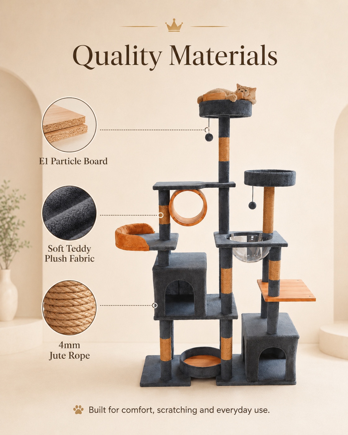 Luxury cat tree villa made with E1 particle board, soft teddy plush fabric and 4mm jute rope