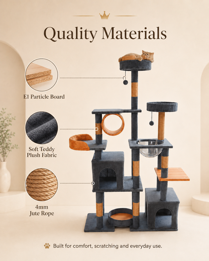 Luxury cat tree villa made with E1 particle board, soft teddy plush fabric and 4mm jute rope