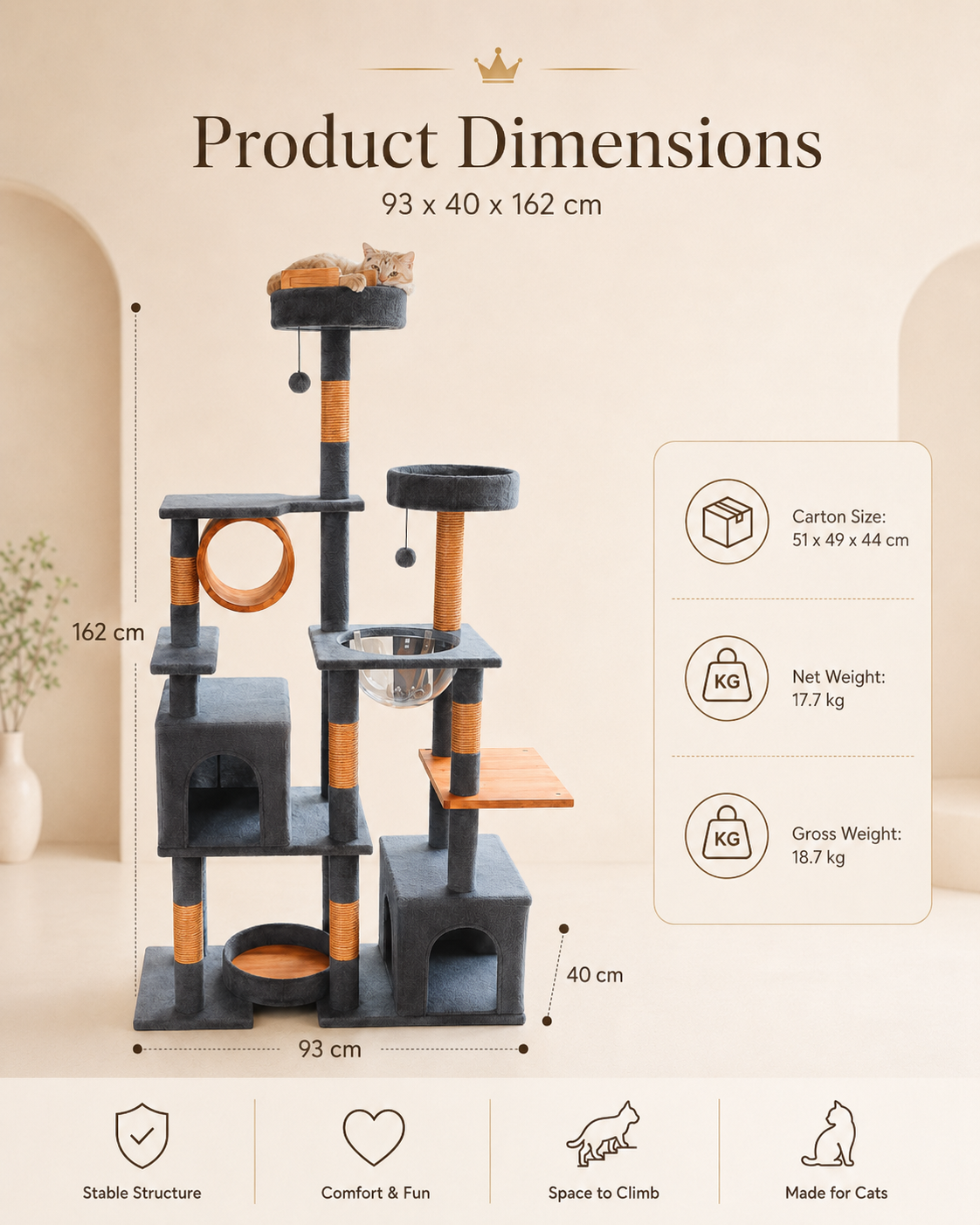 Luxury cat tree villa dimensions 93 x 40 x 162 cm with cat condo, climbing platforms and scratching posts