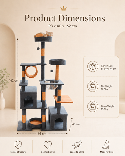 Luxury cat tree villa dimensions 93 x 40 x 162 cm with cat condo, climbing platforms and scratching posts
