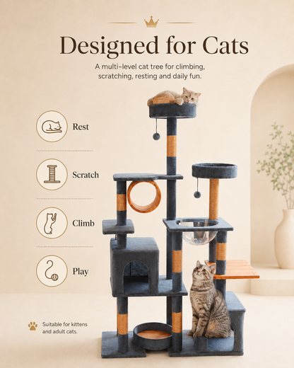 Luxury multi-level cat tree for cats with scratching posts, resting perch, climbing platforms and play features