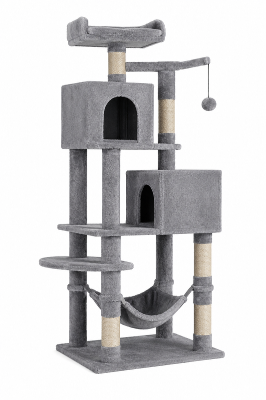 Seven-level cat tree with double cat condos, sisal scratching posts, hammock, top perch and hanging toy for cats