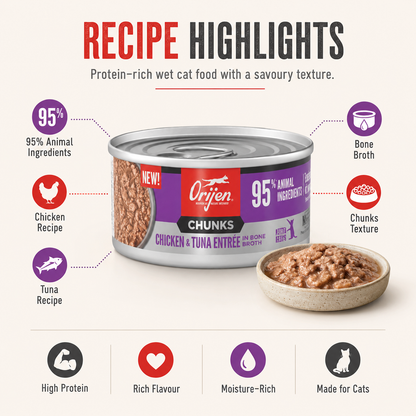 ORIJEN Chicken and Tuna wet cat food with high protein chunks texture and moisture-rich bone broth