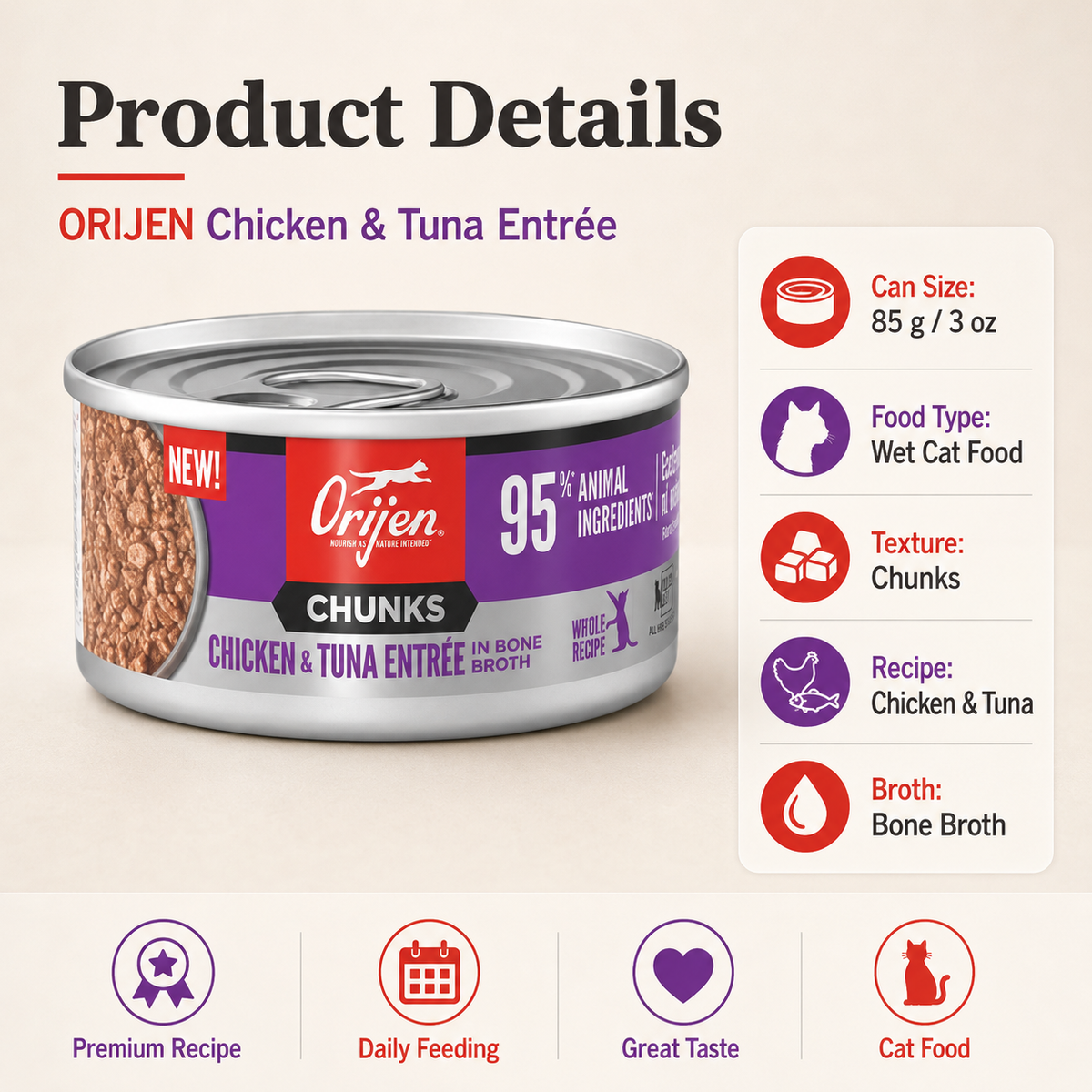 ORIJEN Chicken and Tuna Entrée product details showing 85g wet cat food, chunks texture and bone broth
