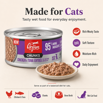 ORIJEN Chicken and Tuna wet cat food with rich meaty taste, soft chunks texture and bone broth for cats