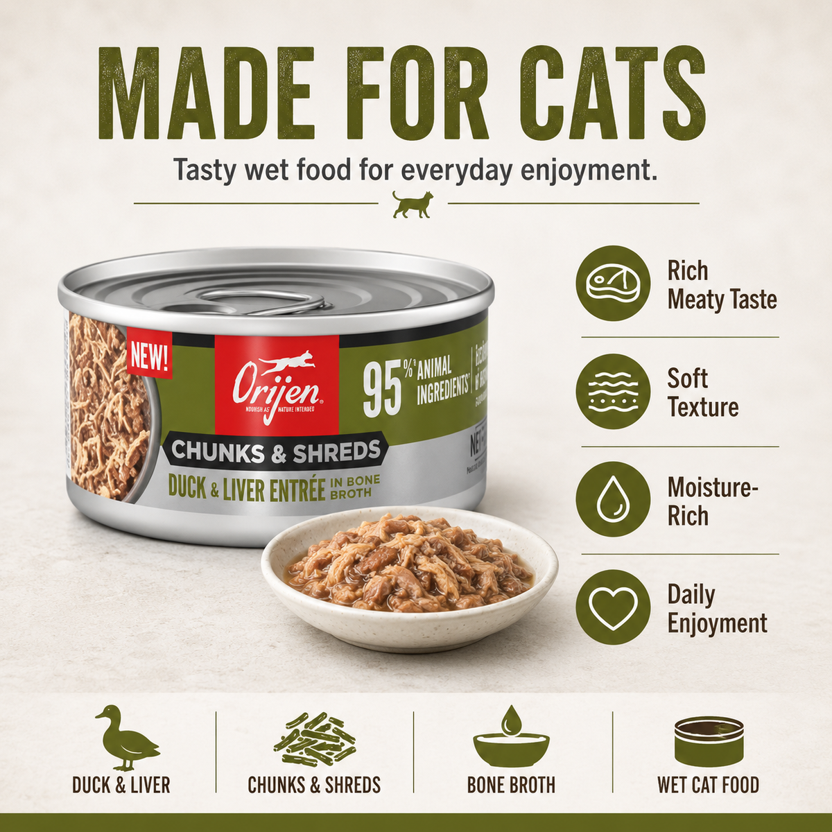ORIJEN Duck and Liver wet cat food with rich meaty taste, soft texture and moisture-rich bone broth
