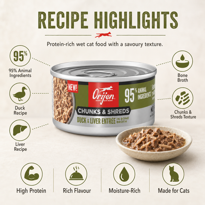 ORIJEN Duck and Liver wet cat food with 95 percent animal ingredients and chunks and shreds texture