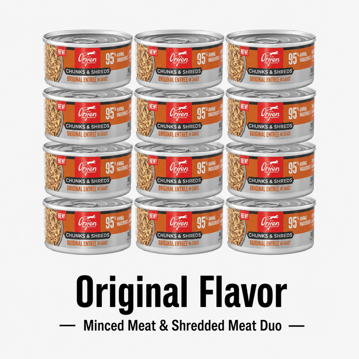 ORIJEN Chunks & Shreds Original Flavor wet cat food 12 pack with minced meat and shredded meat duo