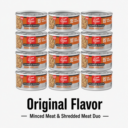 ORIJEN Chunks & Shreds Original Flavor wet cat food 12 pack with minced meat and shredded meat duo