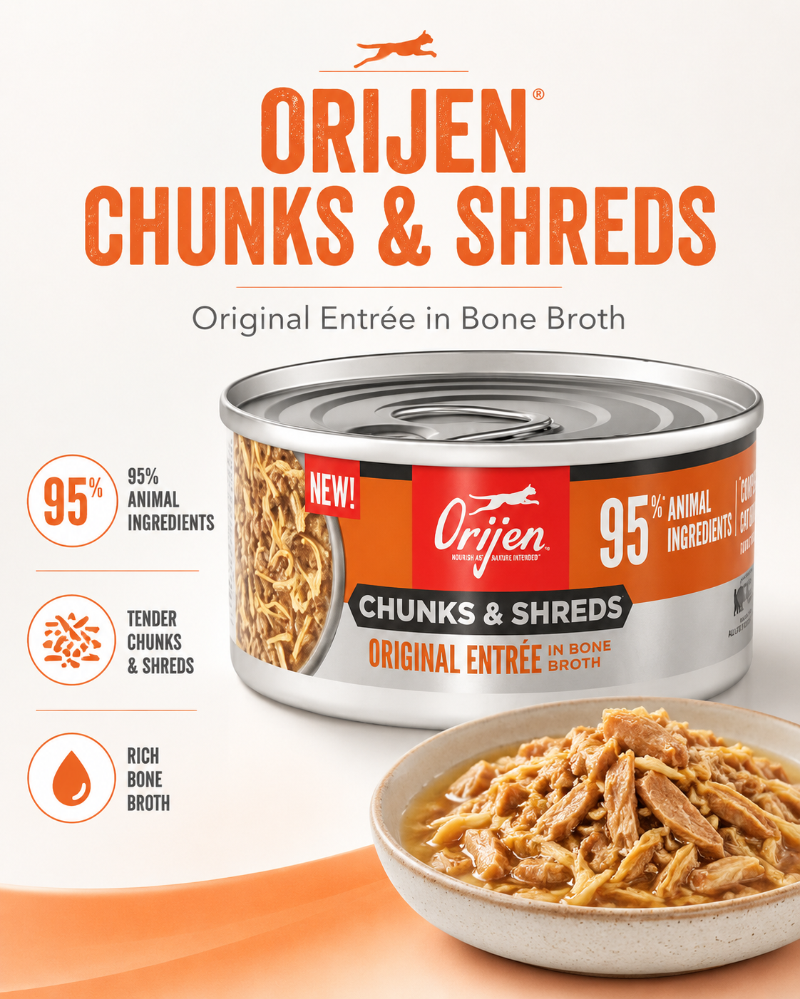 ORIJEN Chunks & Shreds Original Entrée in Bone Broth cat wet food with tender shredded meat