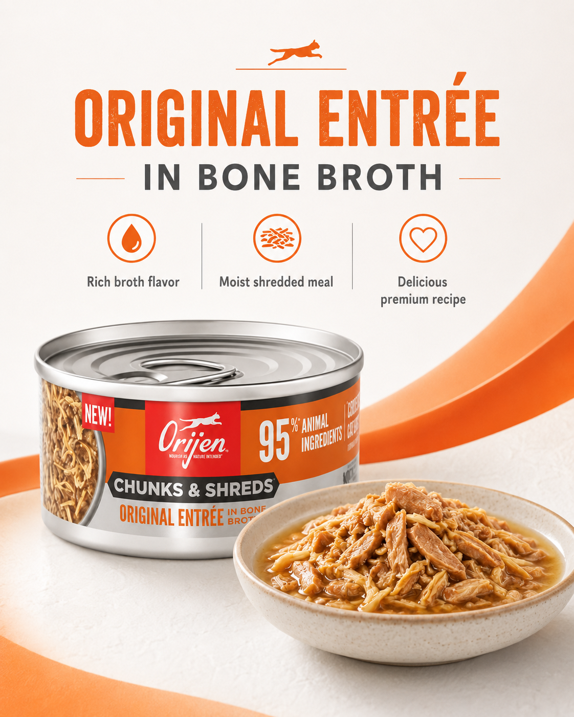 ORIJEN cat wet food can featuring 95% animal ingredients and rich bone broth recipe