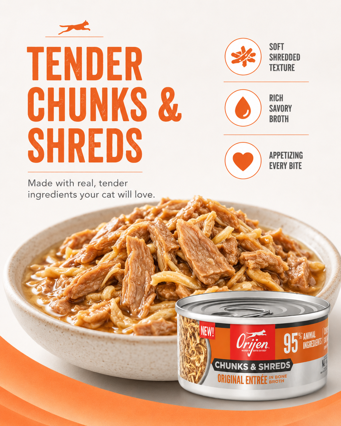 Close-up of ORIJEN Chunks & Shreds cat food with soft shredded texture in savory broth