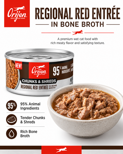 ORIJEN Regional Red Entrée in Bone Broth wet cat food with 95% animal ingredients
