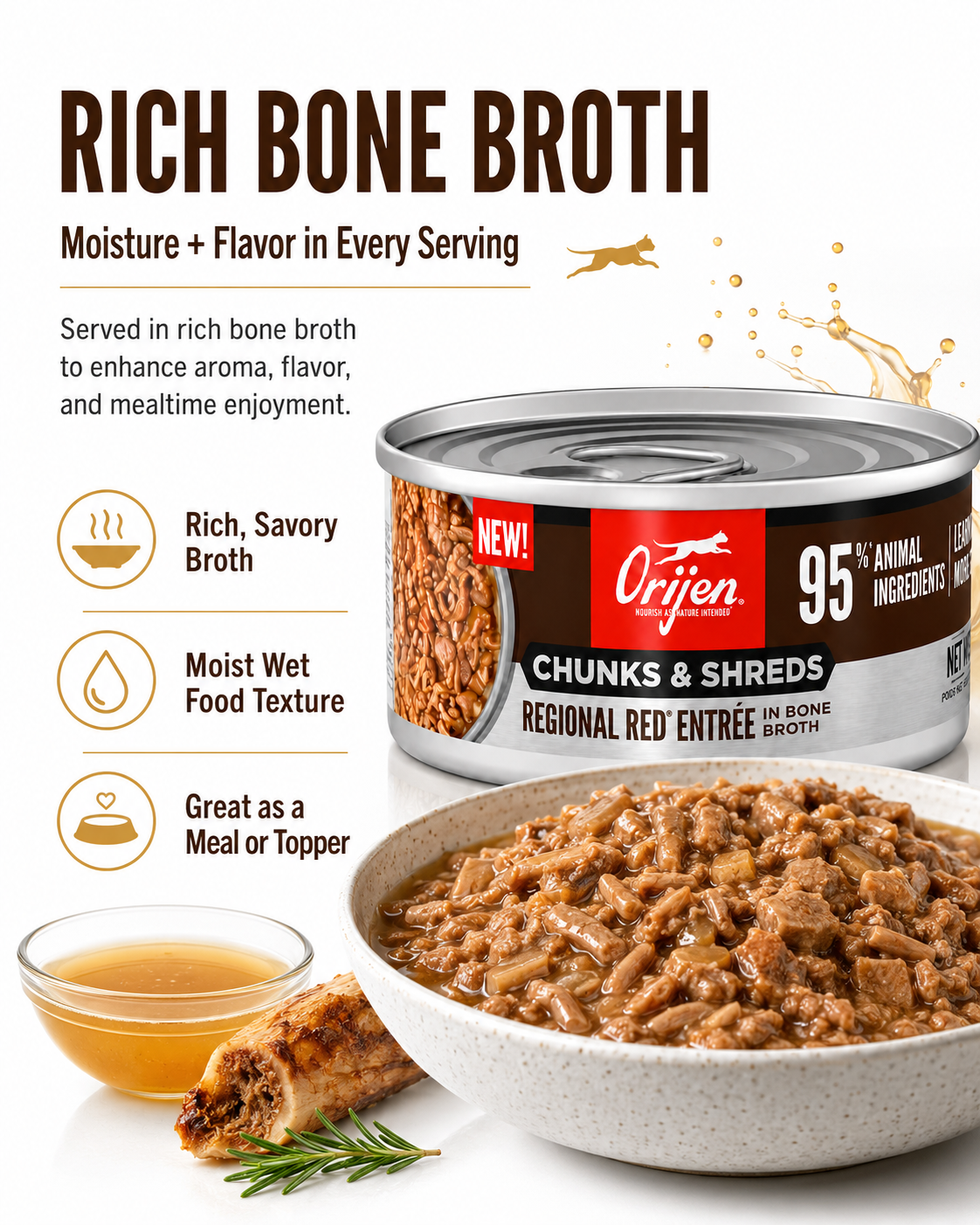 ORIJEN Regional Red wet cat food in rich bone broth with moist chunky texture