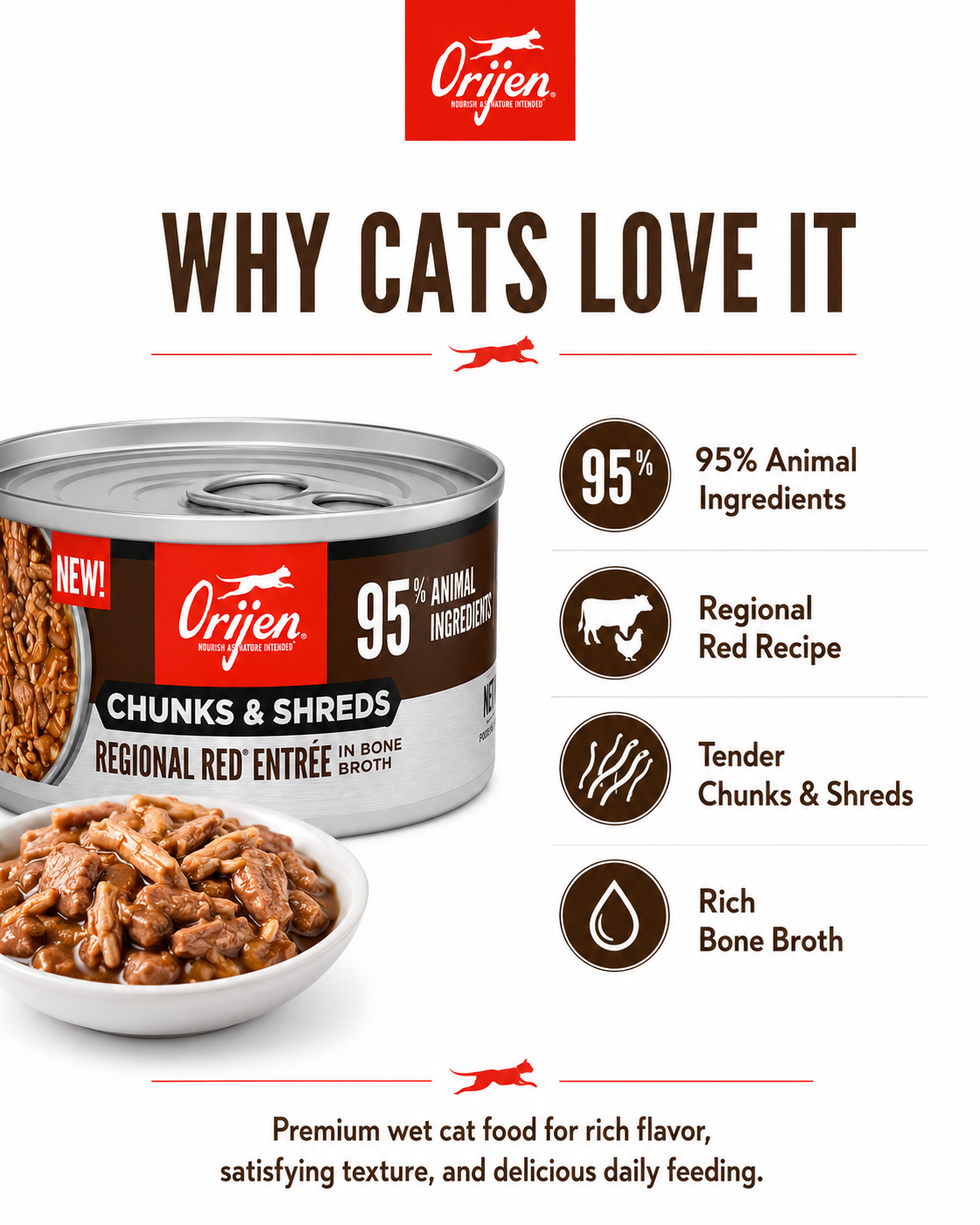 ORIJEN Chunks & Shreds Regional Red wet cat food for cats with rich meaty flavor