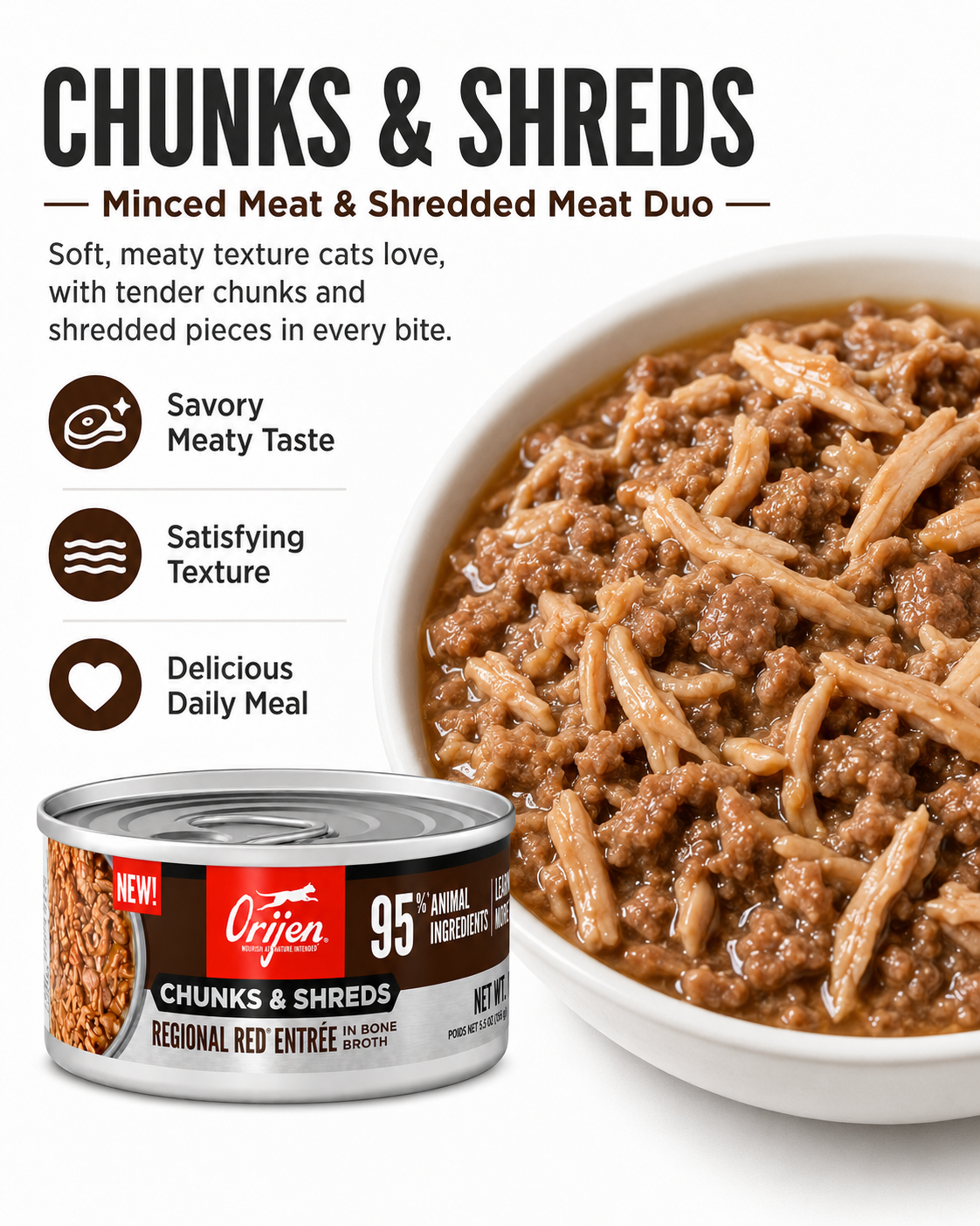 ORIJEN Chunks & Shreds wet cat food with minced meat and shredded meat texture