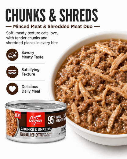 ORIJEN Chunks & Shreds wet cat food with minced meat and shredded meat texture
