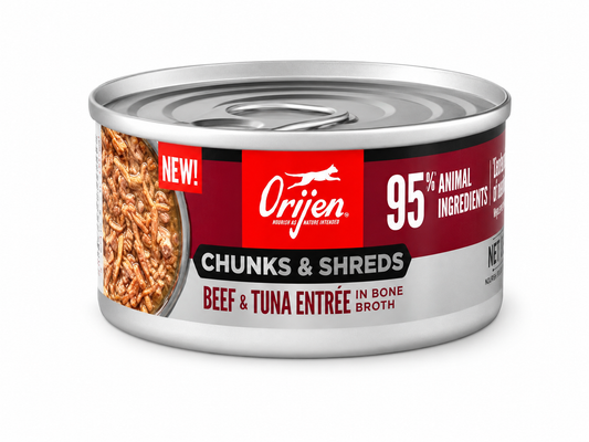ORIJEN Beef and Tuna Entrée wet cat food 85g with chunks and shreds in bone broth for cats