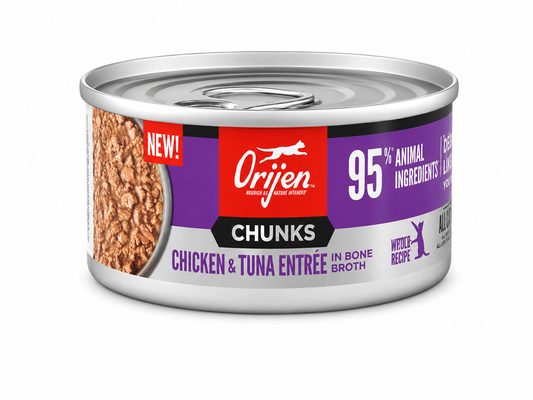 ORIJEN Chicken and Tuna Entrée wet cat food 85g with chunks in bone broth for cats