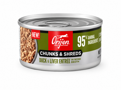 ORIJEN Duck and Liver Entrée wet cat food 85g with chunks and shreds in bone broth for cats
