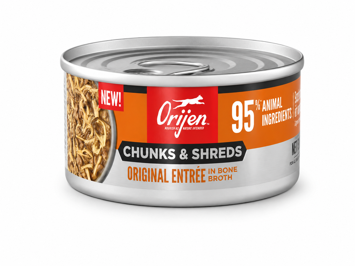 ORIJEN Chunks & Shreds Original Entrée in Bone Broth wet cat food can with 95% animal ingredients