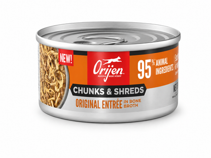 ORIJEN Chunks & Shreds Original Entrée in Bone Broth wet cat food can with 95% animal ingredients