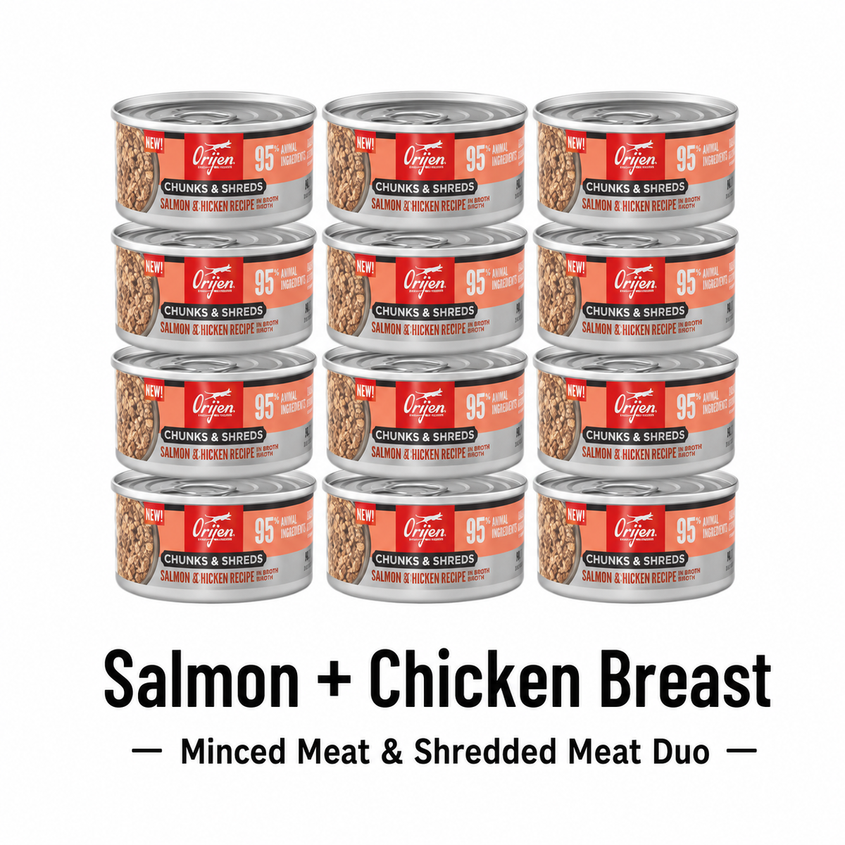 ORIJEN Chunks & Shreds Salmon and Chicken wet cat food 12 pack with minced meat and shredded meat texture
