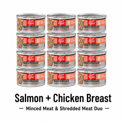 ORIJEN Chunks & Shreds Salmon and Chicken wet cat food 12 pack with minced meat and shredded meat texture