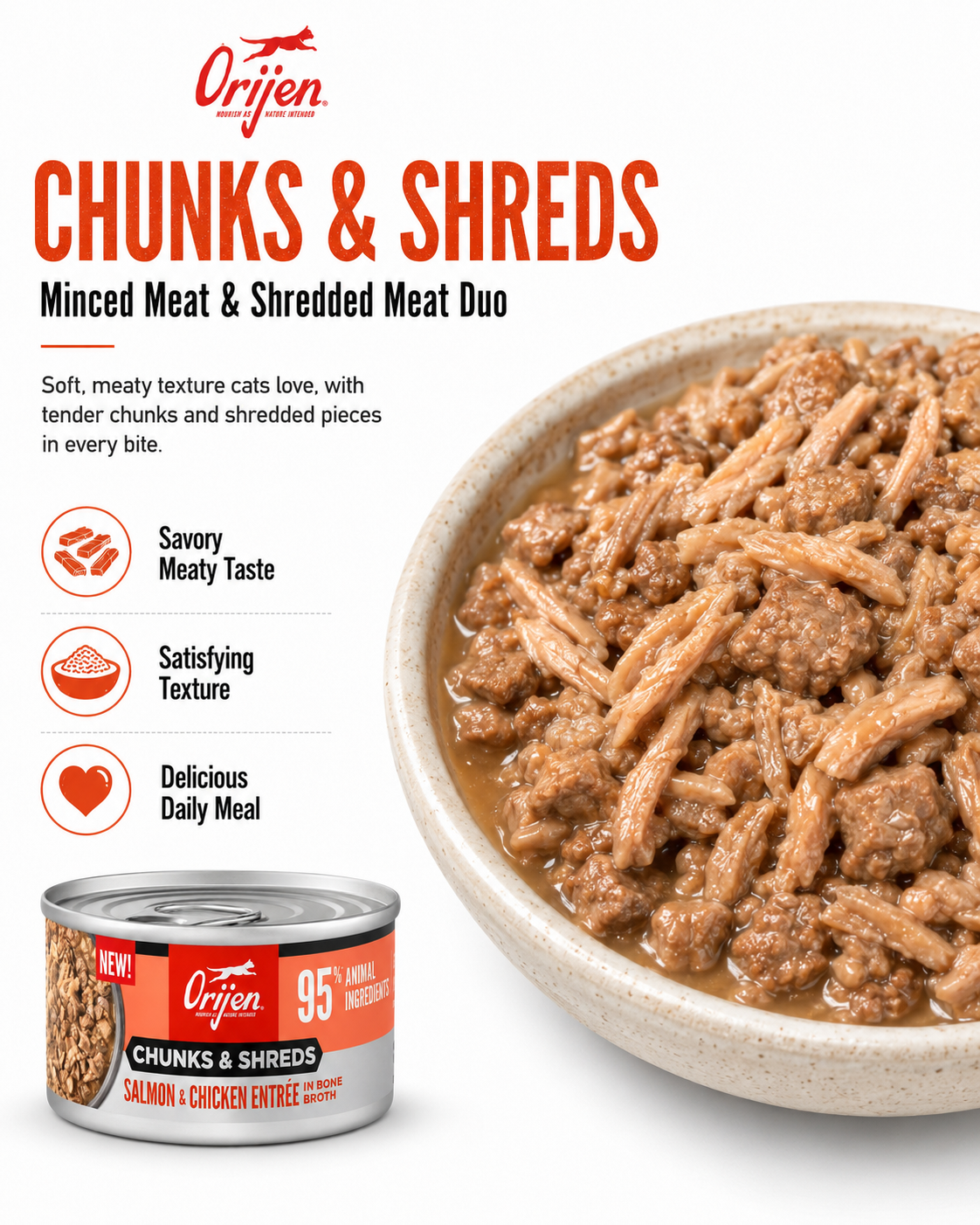 ORIJEN Chunks and Shreds wet cat food with minced meat and shredded meat texture