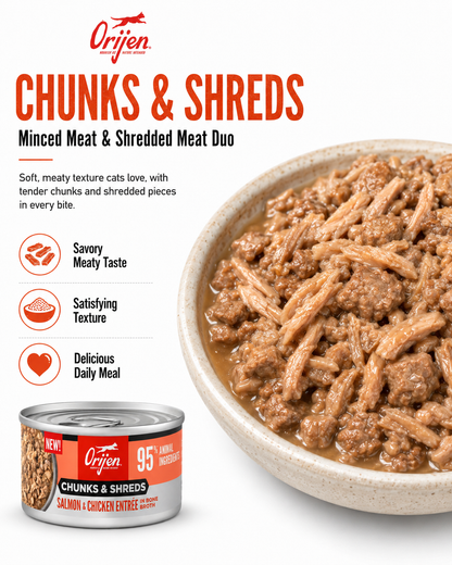 ORIJEN Chunks and Shreds wet cat food with minced meat and shredded meat texture