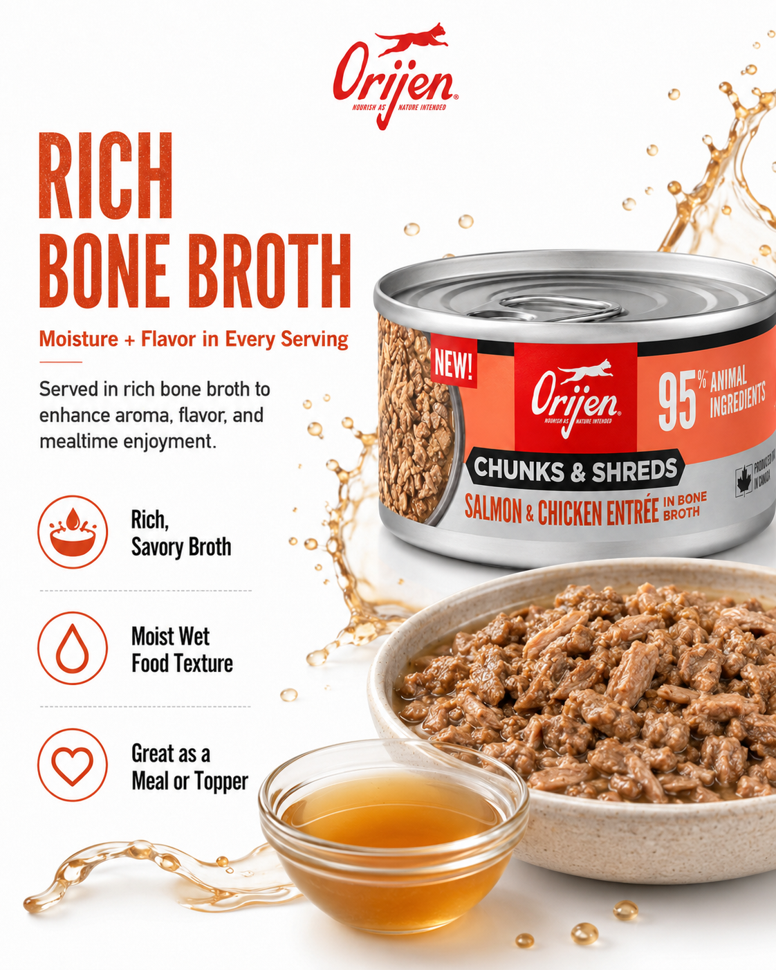 ORIJEN Salmon and Chicken wet cat food in rich bone broth with moist chunky texture