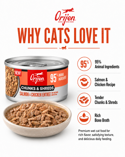 ORIJEN Chunks and Shreds Salmon and Chicken wet cat food for cats with rich meaty flavor