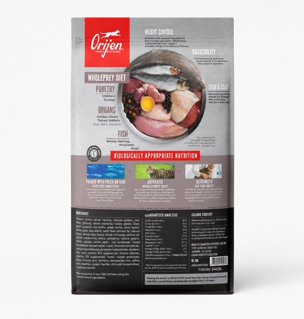 Orijen Fit & Trim dry cat food back packaging showing WholePrey diet ingredients, poultry, organs, fish, weight control, digestibility, skin and coat benefits, and guaranteed analysis information.