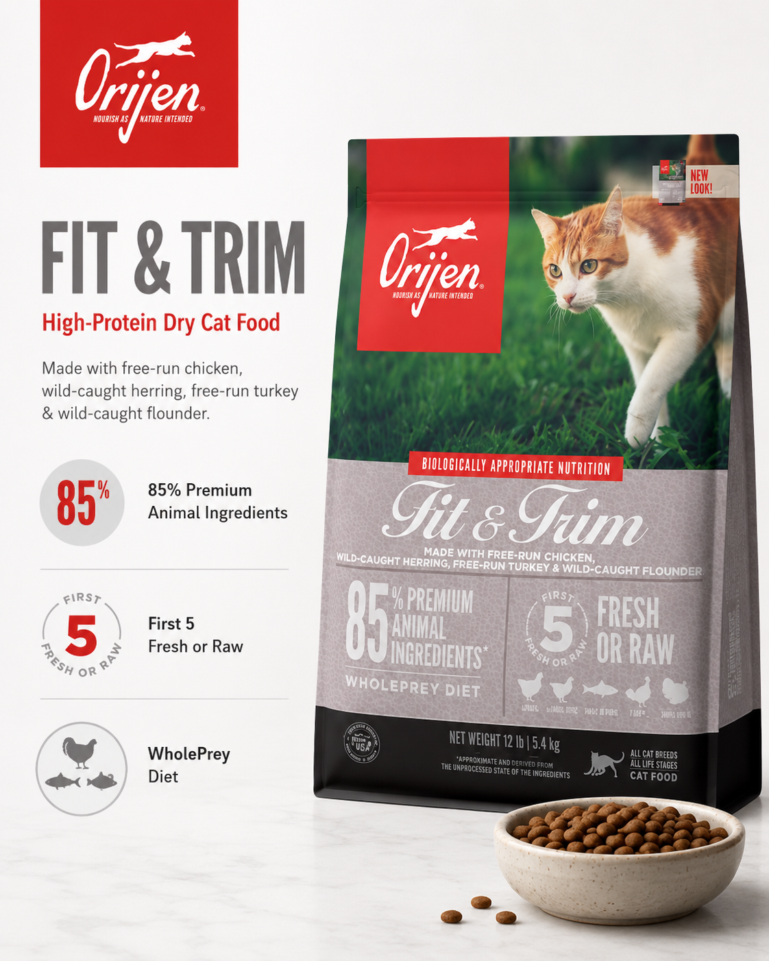 ORIJEN Fit & Trim high-protein dry cat food with 85% premium animal ingredients