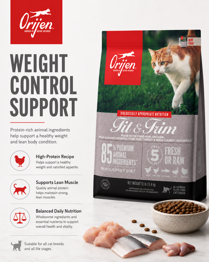 ORIJEN Fit & Trim dry cat food for cats with digestibility, skin and coat support
